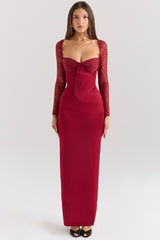 Perdi Berry Satin Maxi Dress with Corset