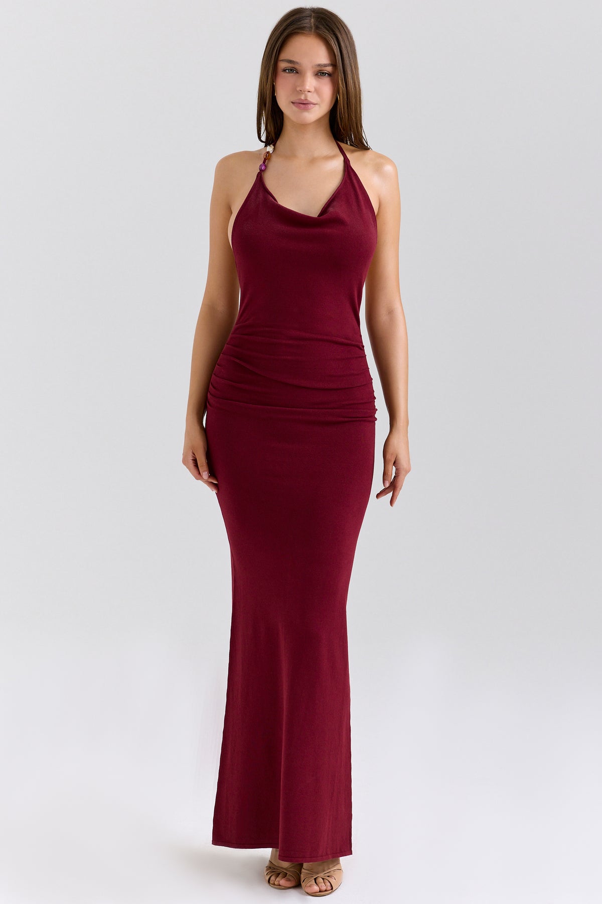 Thalina Wine Draped Halter Neck Maxi Dress