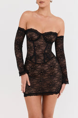 Mistress Rocks Black Lace Off Shoulder Mini Dress - SALE