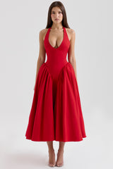 Marilyn Red Twill Halter Midi Dress