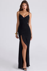 Issey Black Stretch Mesh Draped Maxi Dress