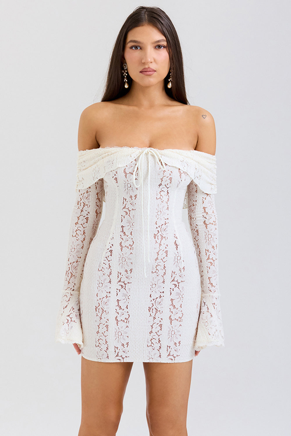 Sadie Vintage Cream Floral Lace Off Shoulder Mini Dress