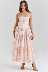 Ysabella Peach Floral Print Stretch Cotton Midi Sundress