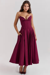 Lady Wine Strapless Midi Dress
