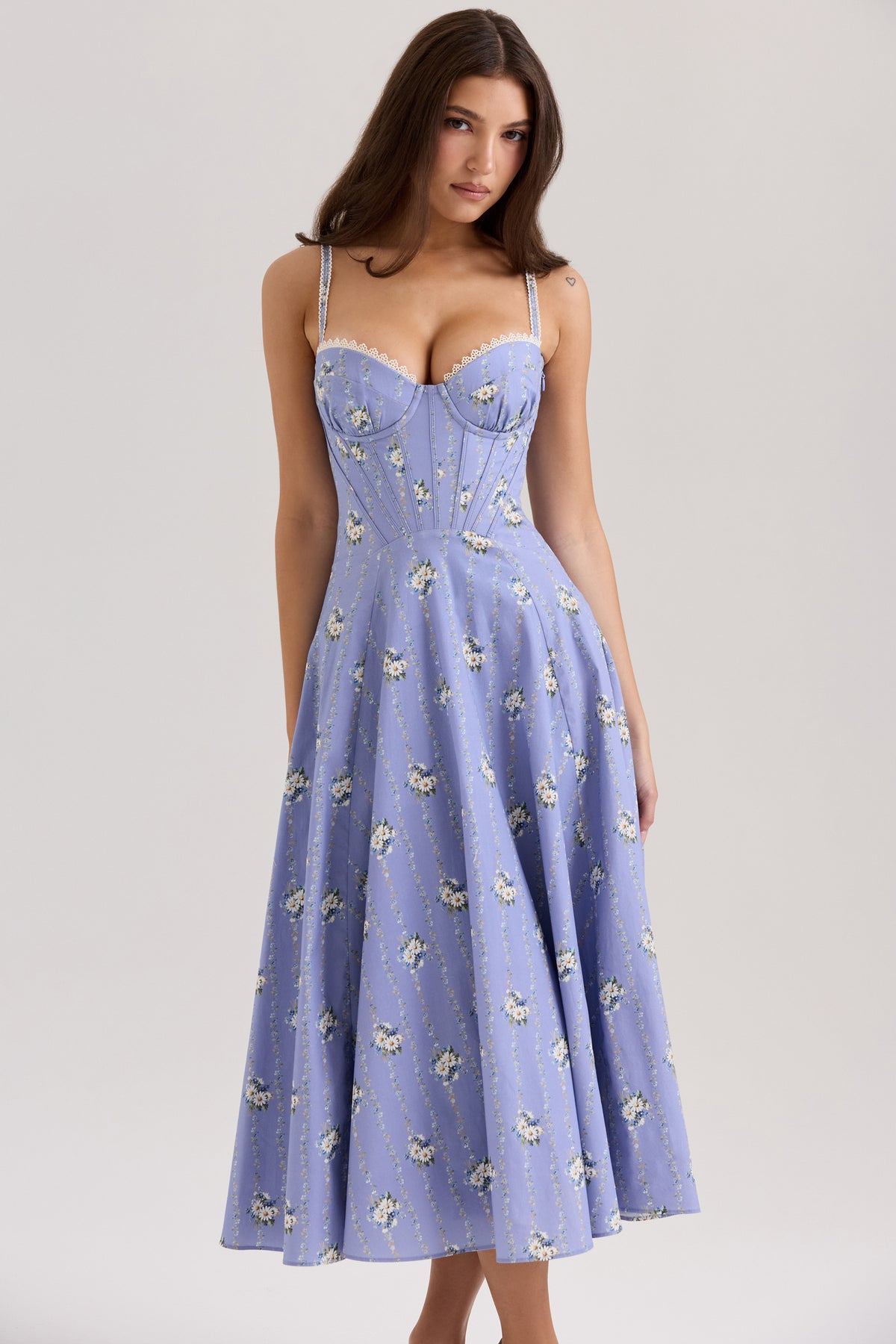 Steffani Blue Daisy Print Stretch Cotton Midi Sundress