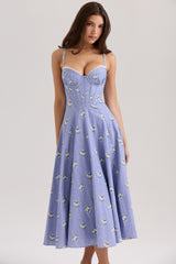 Steffani Blue Daisy Print Stretch Cotton Midi Sundress