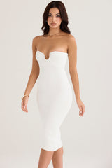 Oriana White Ribbed Knit Strapless Midi Dress