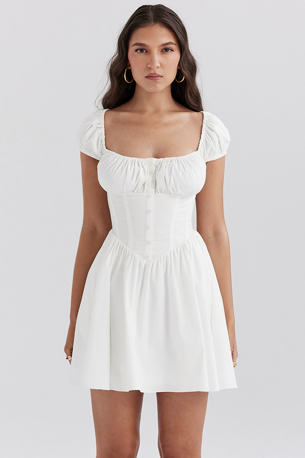 Nala White Cotton Gathered Mini Dress