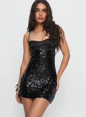 Alishia Satin Sequin Corset Mini Dress Black