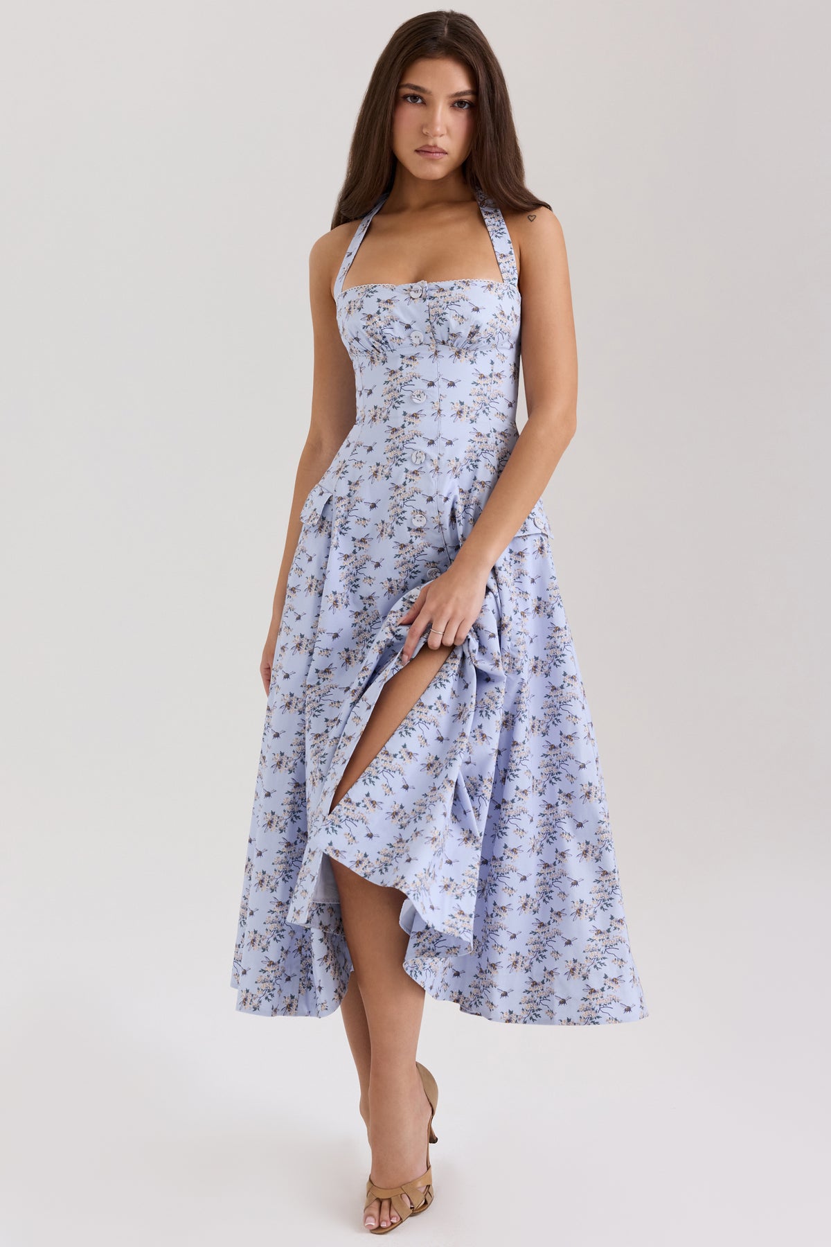 Claudia Blue Floral Print Stretch Cotton Halter Neck Midi Dress