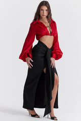 Arla Black Draped Silk Maxi Skirt