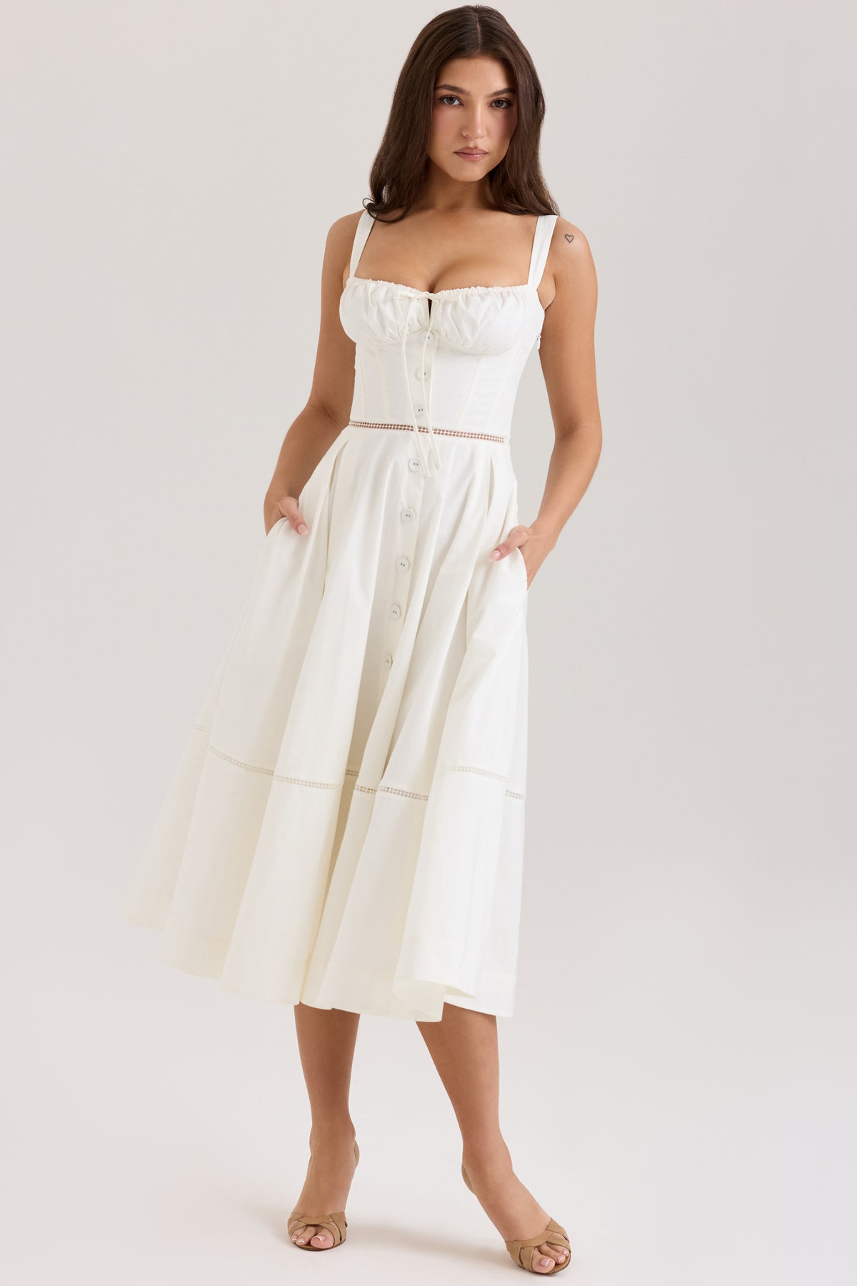 Chiarina White Cotton Button Front Midi Dress