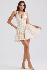 Valentia Ivory Meadow Print Cotton Halter Mini Dress