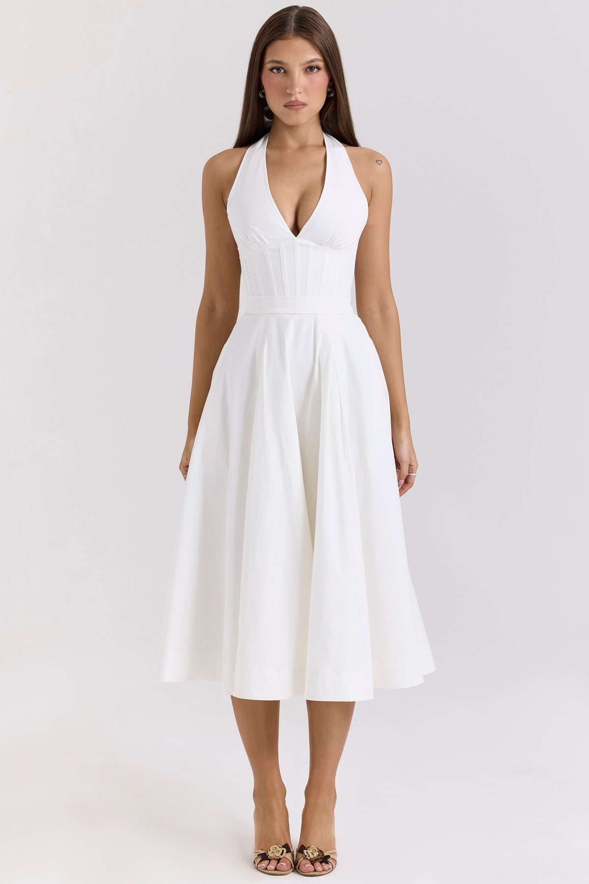 Allena White Stretch Cotton Halter Midi Sundress