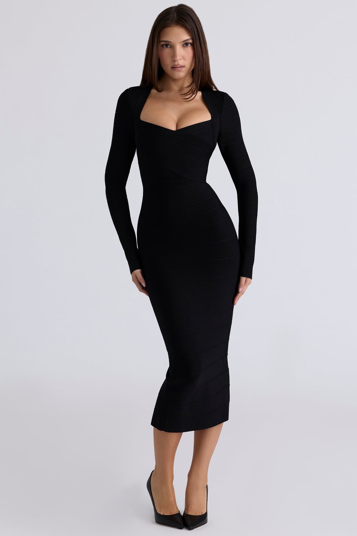 The Naomi Black Long Sleeve Bandage Midi Dress