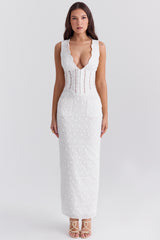 Sophina White Cotton Broderie Anglais Plunge Maxi Dress