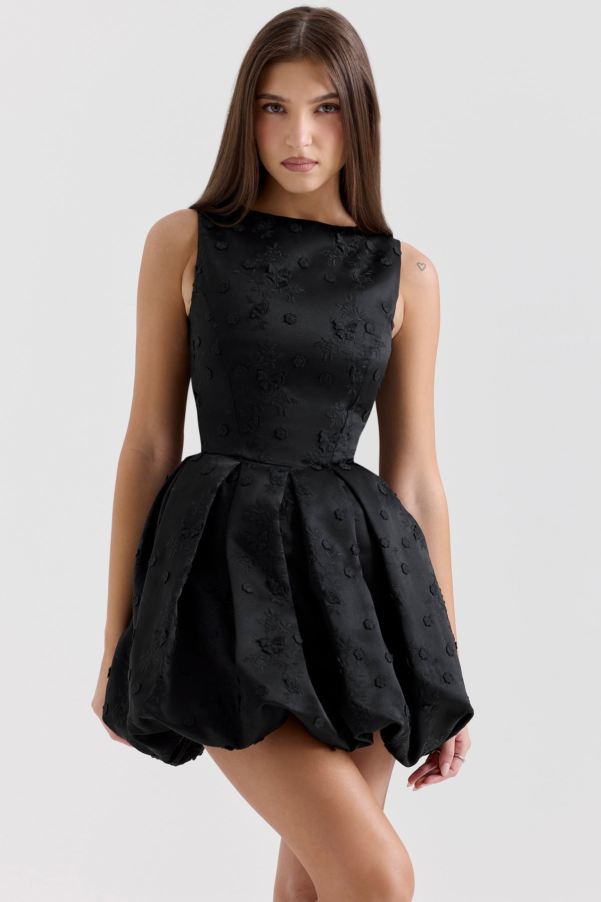 Melika Black Backless Embroidered Mini Puffball Dress