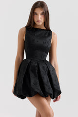 Melika Black Backless Embroidered Mini Puffball Dress