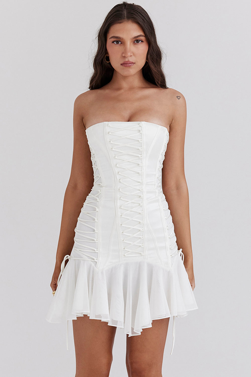 Sirena White Strapless Lace Up Mini Dress