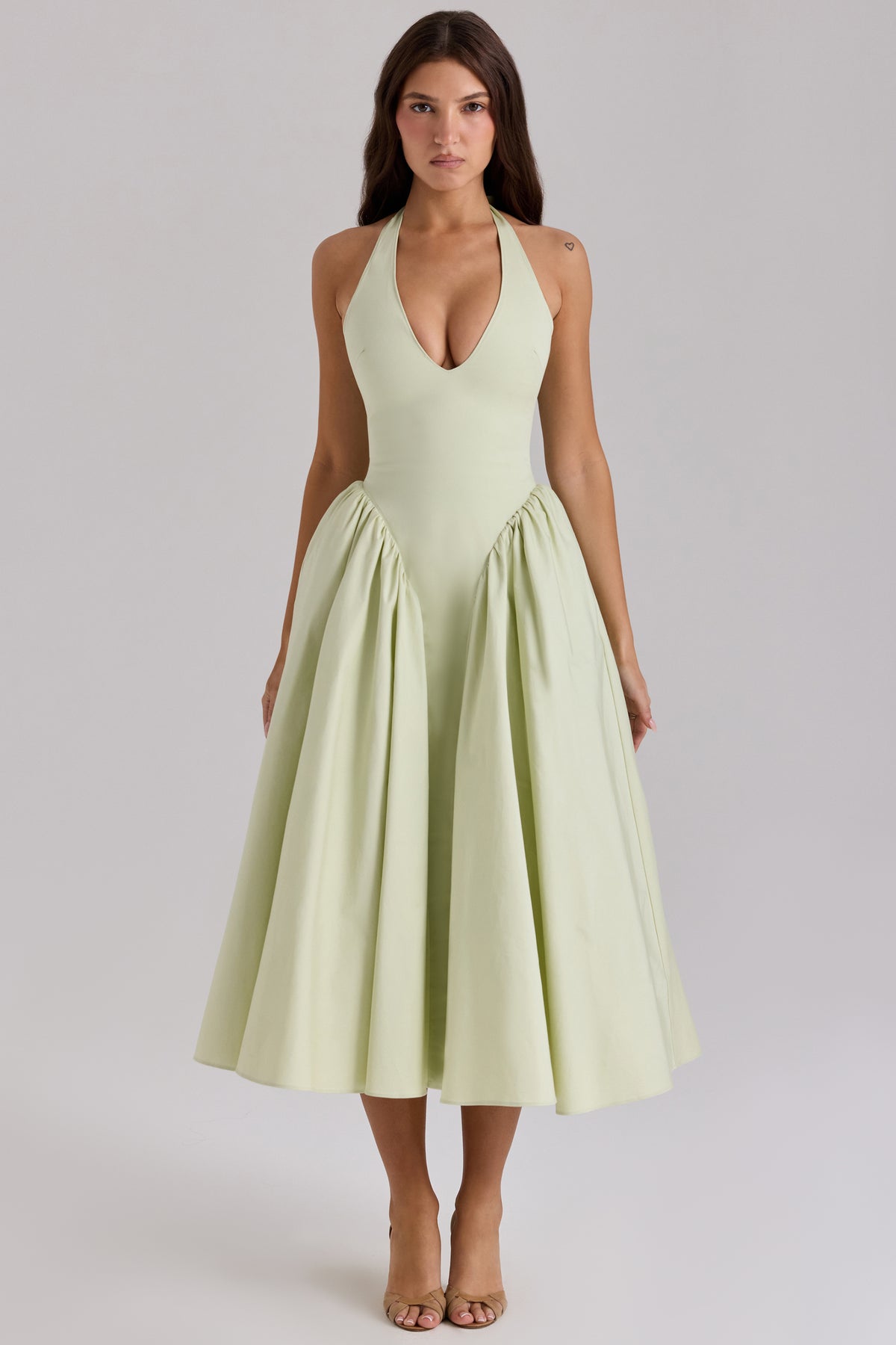 Marilyn Pistachio Cotton Halter Midi Sundress