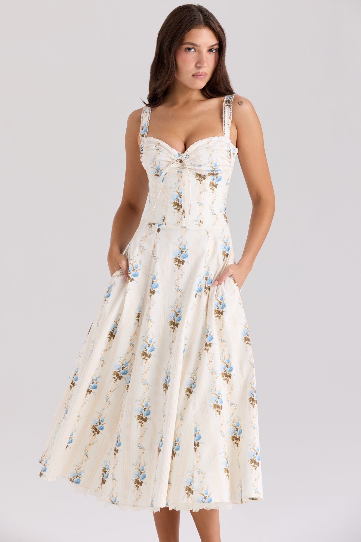 Rosalee Cream Floral Print Cotton Corset Midi Dress