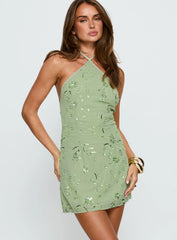 Evolet Embellished Halter Mini Dress Green
