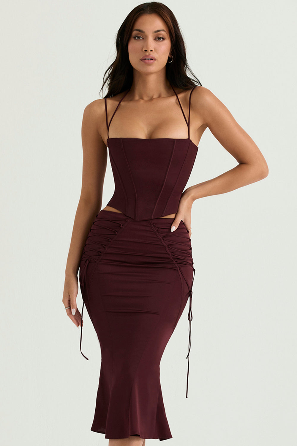 Sidonie Wine Satin Lace Up Midi Skirt