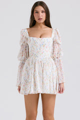 Sancia White Posy Print Puff Sleeve Mini Dress
