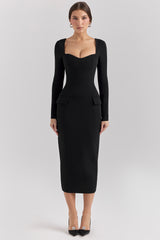 Ella Black Stretch Crepe Long Sleeve Midi Dress