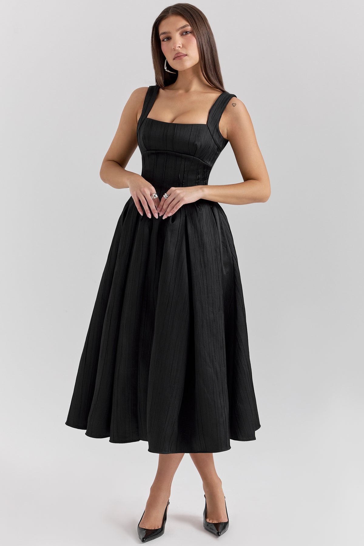 Isabeau Black Textured Satin Corset Midi Dress