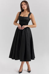 Isabeau Black Textured Satin Corset Midi Dress