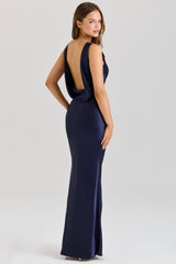 Safaira Navy Satin Draped Cowl Neck Maxi Dress