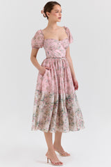 Penelope Pink Floral Chiffon Midi Dress