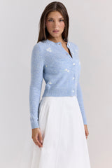Atheia Blue Lambswool Floral Embroidered Cardigan