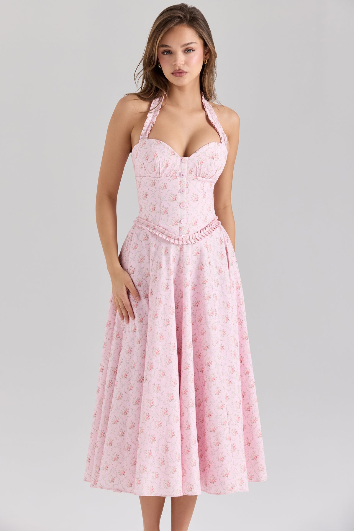 Georgie Pink Rose Print Stretch Cotton Halter Neck Midi Dress