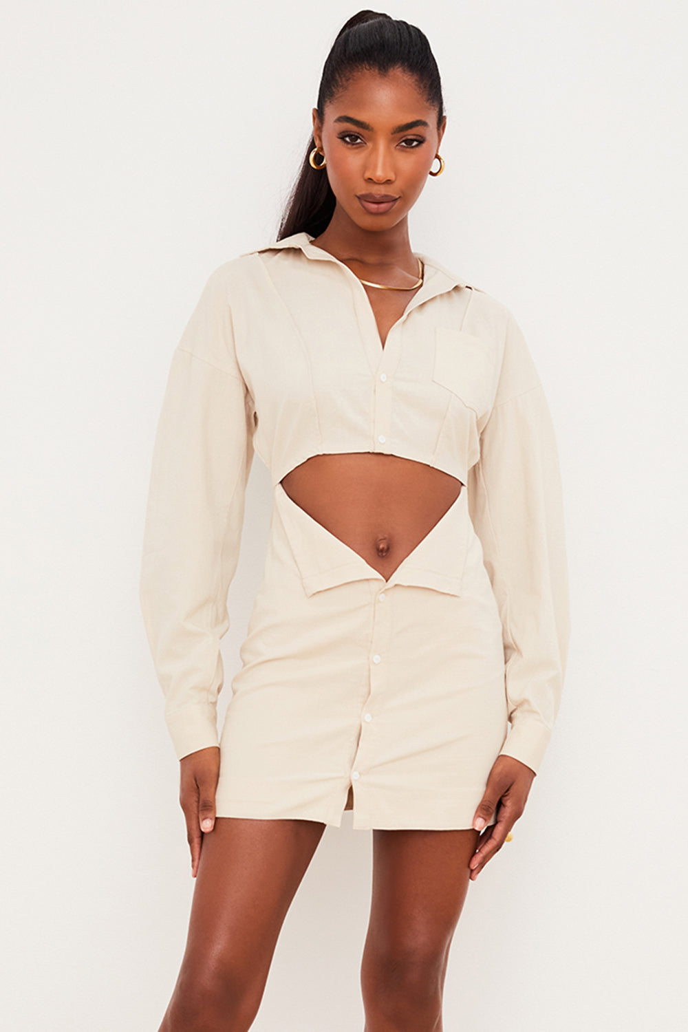 Julietta Beige Linen Cutout Shirt Dress