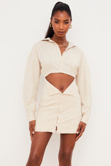Julietta Beige Linen Cutout Shirt Dress