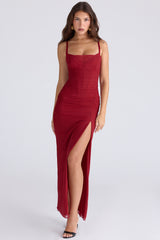 Lini Deep Red Stretch Mesh Corset Maxi Dress