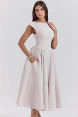 Debutante French Dove Moire Satin Backless Midi Dress