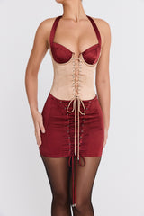 Mistress Rocks Dark Cherry & Biscuit Lace Up Corset Mini Dress - SALE