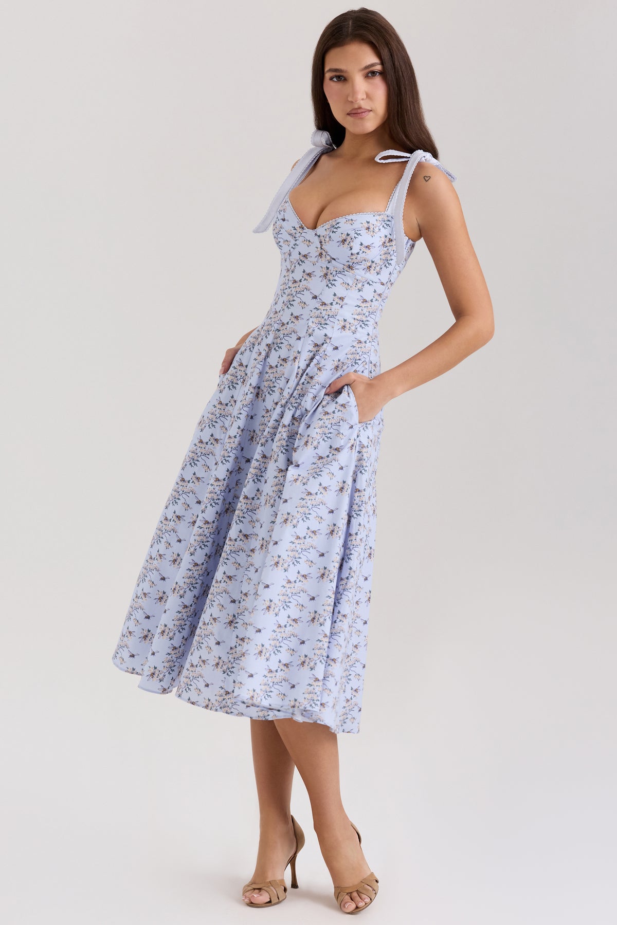Emely Blue Floral Print Stretch Cotton Midi Sundress