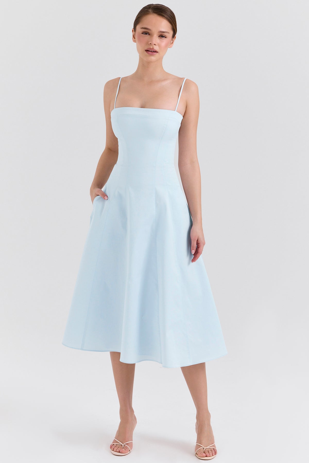Dolly Soft Blue Stretch Cotton A-Line Midi Sundress