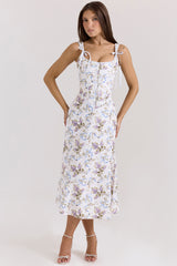 Dionne Off White Floral Print Cotton Midi Dress