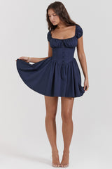 Nala French Navy Gathered Mini Dress