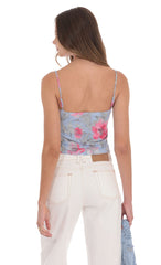 Mesh Floral Front Tassel Top in Blue