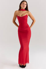 Cassidy Holly Red Mesh Maxi Skirt with Fluted Hem