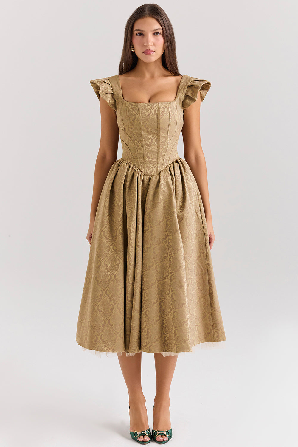 Alessandra Gold Jacquard Midi Dress with Detachable Bow - SALE