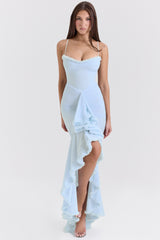 Gabbi Ice Blue Mesh Ruffled Front Gown