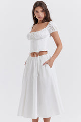 Cora White Gathered Midi Skirt