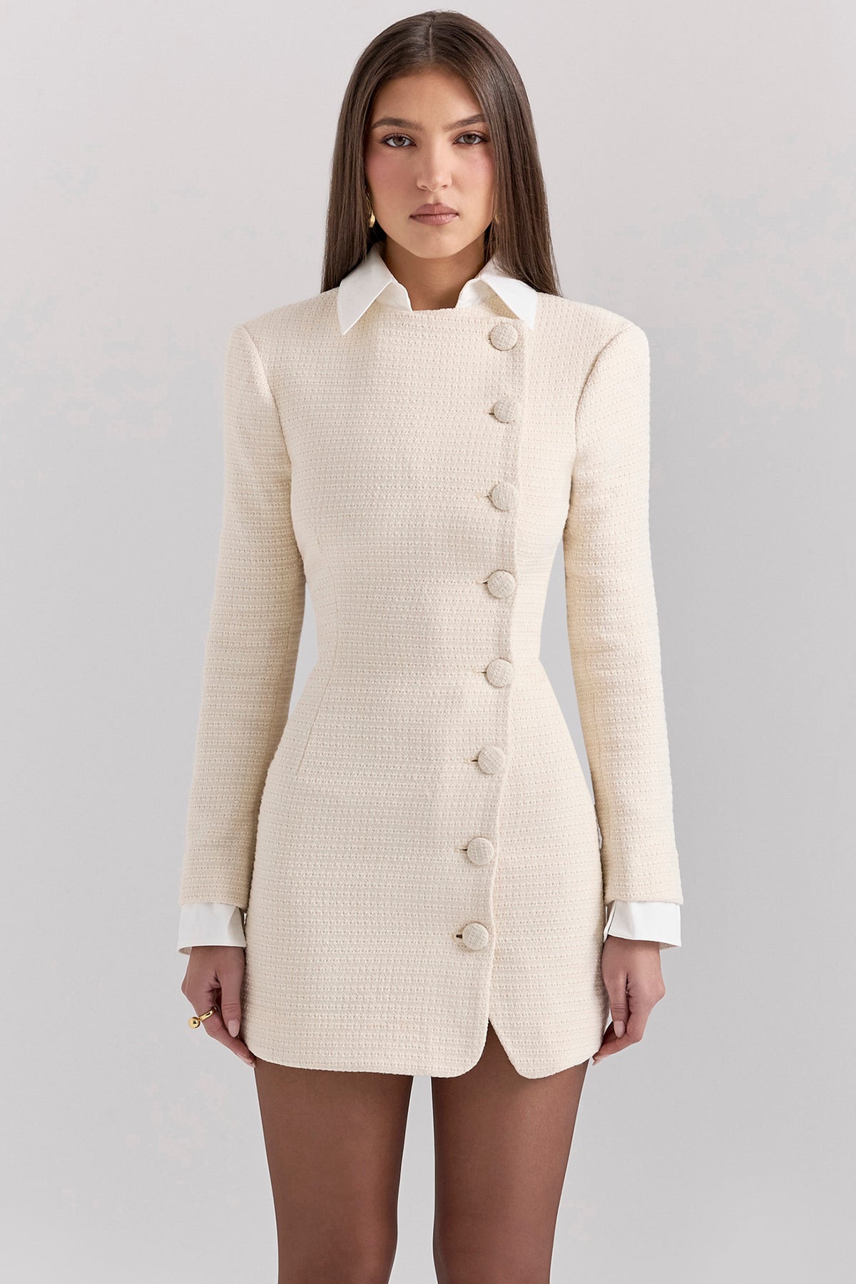 Leoni Cream Boucle Tweed Mini Dress